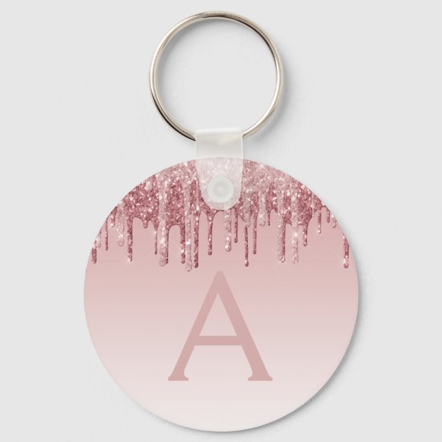 Pink Rose Gold Glitter & Sparkle Monogram Keychain (Front)