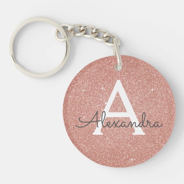 Pink Rose Gold Glitter & Sparkle Monogram Keychain (Front)
