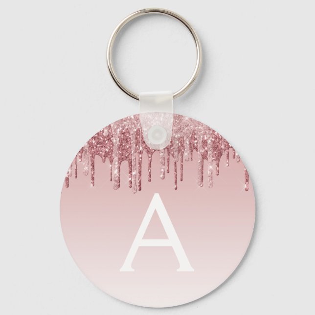 Pink Rose Gold Glitter & Sparkle Monogram Keychain (Front)