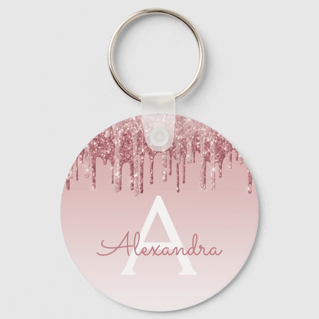 Pink Rose Gold Glitter & Sparkle Monogram Keychain (Front)