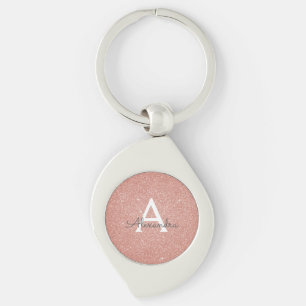 Pink Rose Gold Glitter & Sparkle Monogram Keychain