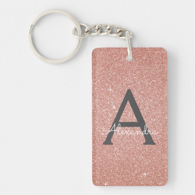 Pink Rose Gold Glitter & Sparkle Monogram Keychain (Front)