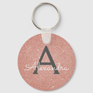 Pink Rose Gold Glitter & Sparkle Monogram Keychain