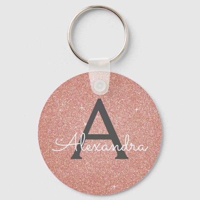 Pink Rose Gold Glitter & Sparkle Monogram Keychain (Front)