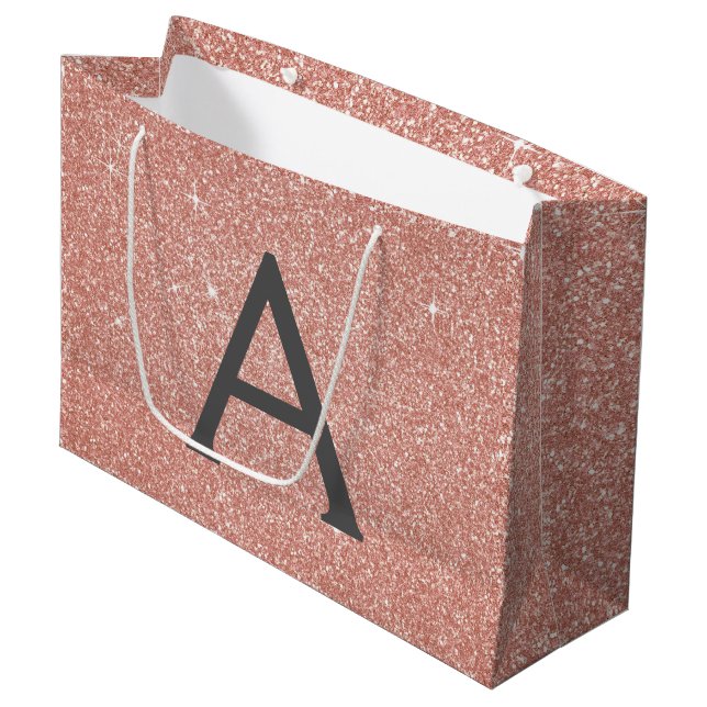 Pink Rose Gold Glitter & Sparkle Monogram Large Gift Bag (Front Angled)