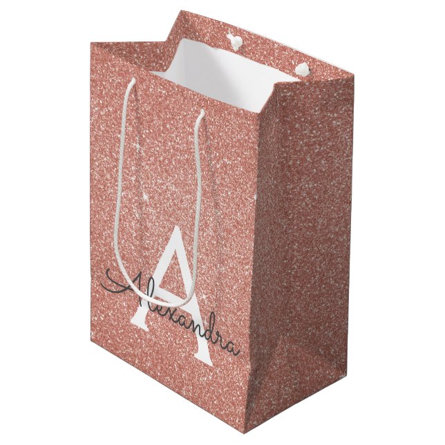 Pink Rose Gold Glitter & Sparkle Monogram Medium Gift Bag (Front Angled)