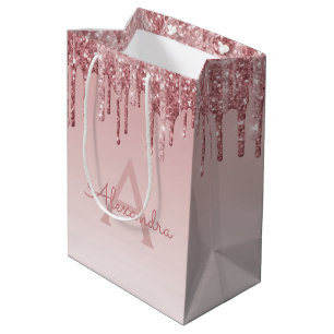 Pink Rose Gold Glitter & Sparkle Monogram Medium Gift Bag