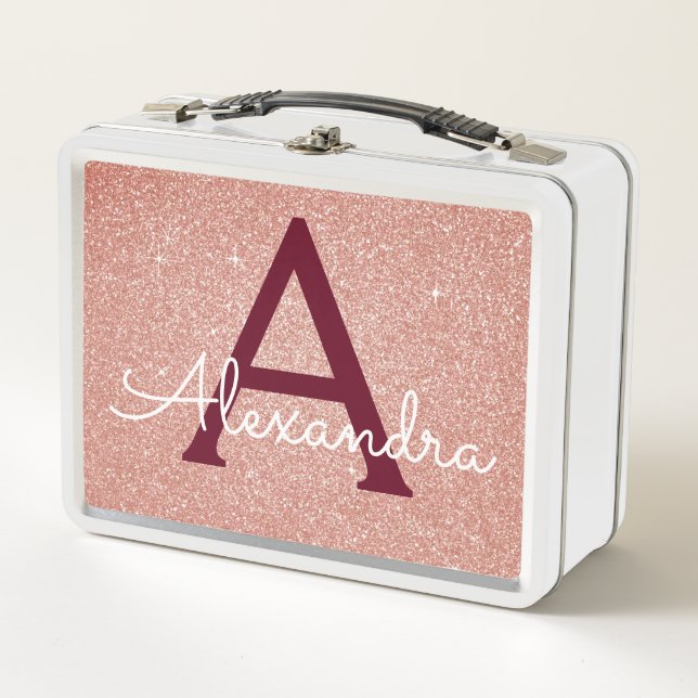 Pink Rose Gold Glitter & Sparkle Monogram Metal Lunch Box (Front)
