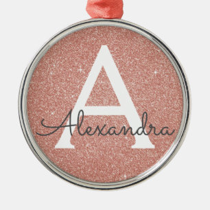 Pink Rose Gold Glitter & Sparkle Monogram Metal Ornament