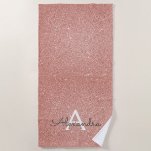Pink Rose Gold Glitter & Sparkle Monogram Name Beach Towel