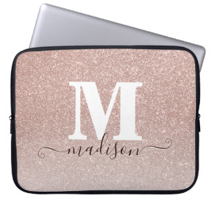 Pink Rose Gold Glitter Sparkle Monogram Script Laptop Sleeve