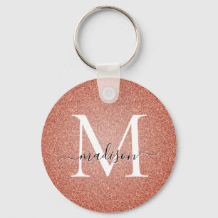 Pink Rose Gold Glitter Sparkle Script Monogram Keychain