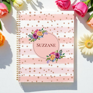 Pink Rose Gold Glitter Stripes Floral Pattern Planner