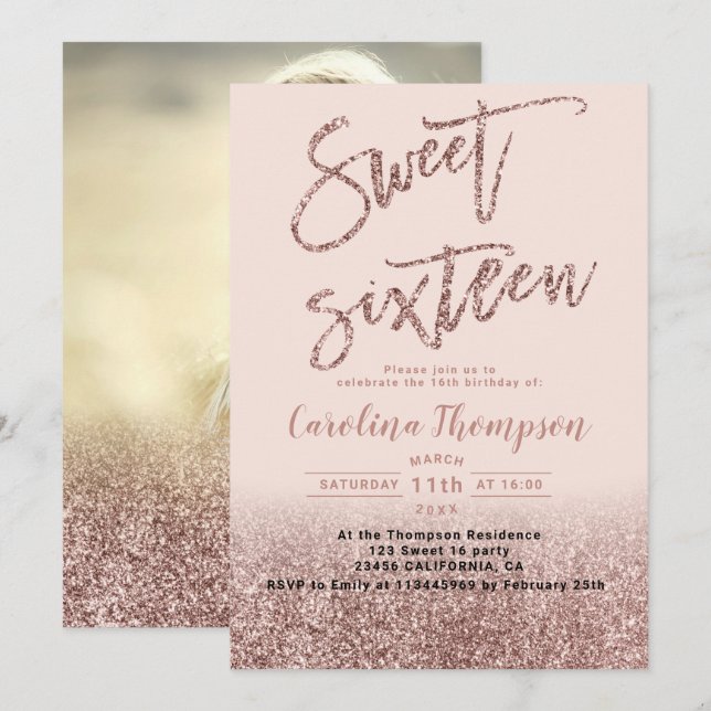 Pink rose gold glitter typography Sweet 16 photo Invitation (Front/Back)