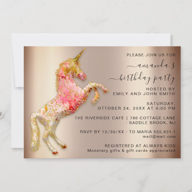 Pink Rose Gold Glitter Unicorn Horse Birthday  Invitation (Front)