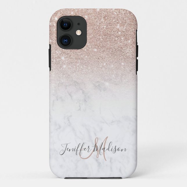Pink rose gold glitter white marble Personalized   Case-Mate iPhone Case (Back)