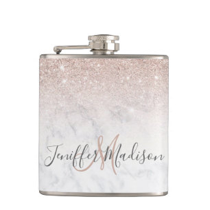 Pink rose gold glitter white marble Personalized   Hip Flask