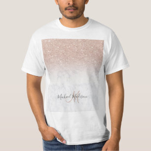 Pink rose gold glitter white marble Personalized   T-Shirt