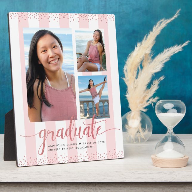 Pink Rose Gold Graduation 3 Photo Glitter Script Plaque (Side)