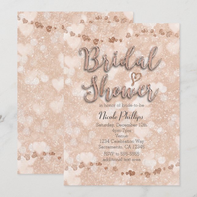 Pink Rose Gold Hearts Bridal Shower Invitations (Front/Back)