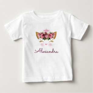 Pink Rose Gold Kitty Monogram 1st Birthday Baby T-Shirt