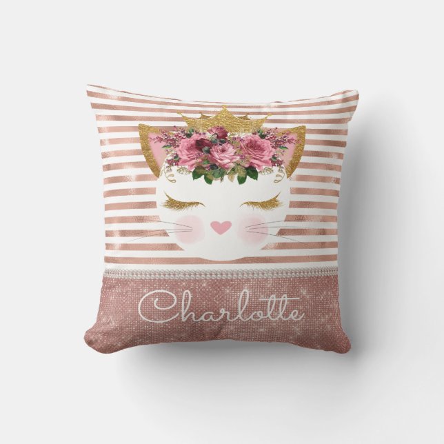 Pink rose gold kitty princess floral  throw pillow (Front)