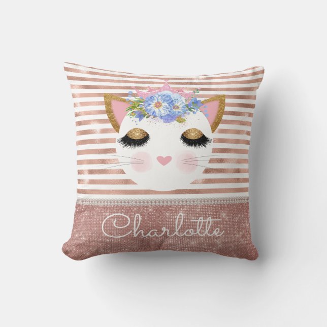 Pink rose gold kitty princess personalized throw pillow (Front)