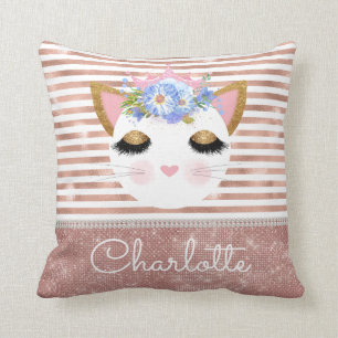 Pink rose gold kitty princess personalized throw pillow