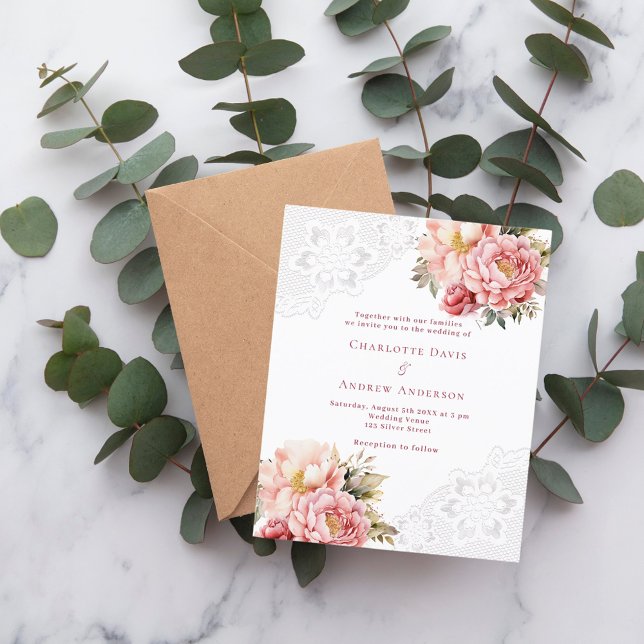 Pink rose gold lace floral wedding invitation (Creator Uploaded)