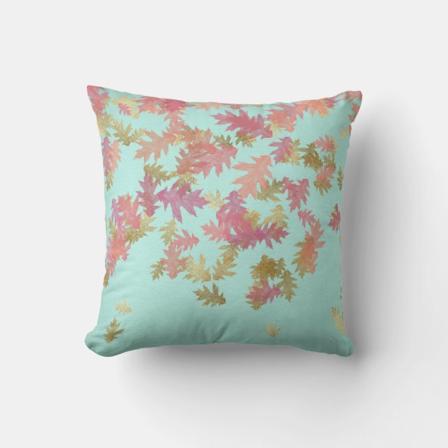 Pink Rose Gold Leafs Mint Green Ivory Linen Throw Pillow (Front)