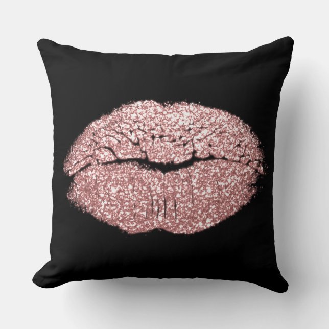 Pink Rose Gold Lips Glitter Black Makeup Kiss Throw Pillow (Front)