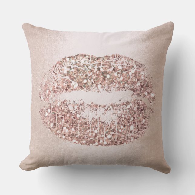 Pink Rose Gold Lips Glitter Blush Makeup Kiss Throw Pillow (Front)