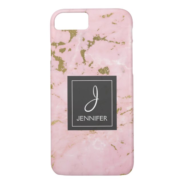 Pink Rose Gold Marble Elegant Monogram Case-Mate iPhone Case (Back)