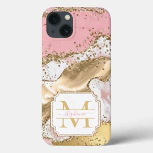 Pink Rose Gold Marble Glitter Agate Personalized iPhone 13 Case