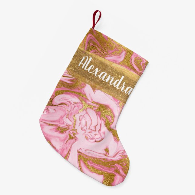 Pink Rose Gold Marble Glitter and Sparkle Monogram Small Christmas Stocking (Front (Hanging))