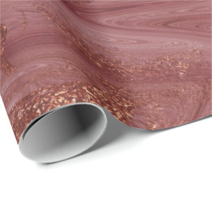 Pink Rose Gold Marble Molten Glam Shiny Wrapping Paper