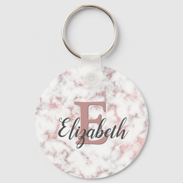 Pink Rose Gold Marble Monogram Keychain (Front)