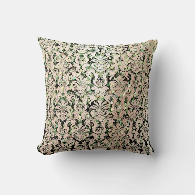 Pink Rose Gold Metallic Damask Green Sequin Throw Pillow (Front)