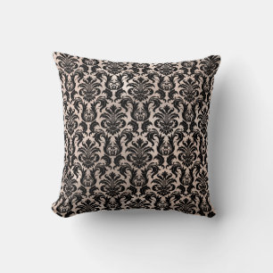 Pink Rose Gold Metallic Damask Royal Black Lux Throw Pillow