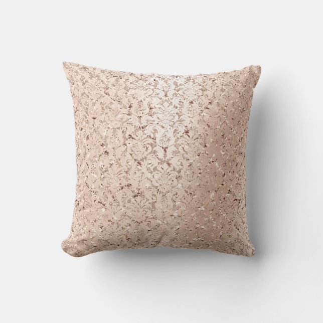 Pink Rose Gold Metallic Damask Royal Crystals Lux Throw Pillow (Front)