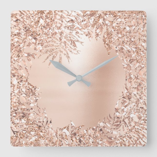 Pink Rose Gold Metallic Floral Botanical Glitter Square Wall Clock (Front)