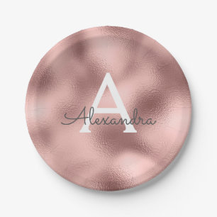Pink Rose Gold Metallic Foil Monogram Birthday Paper Plate