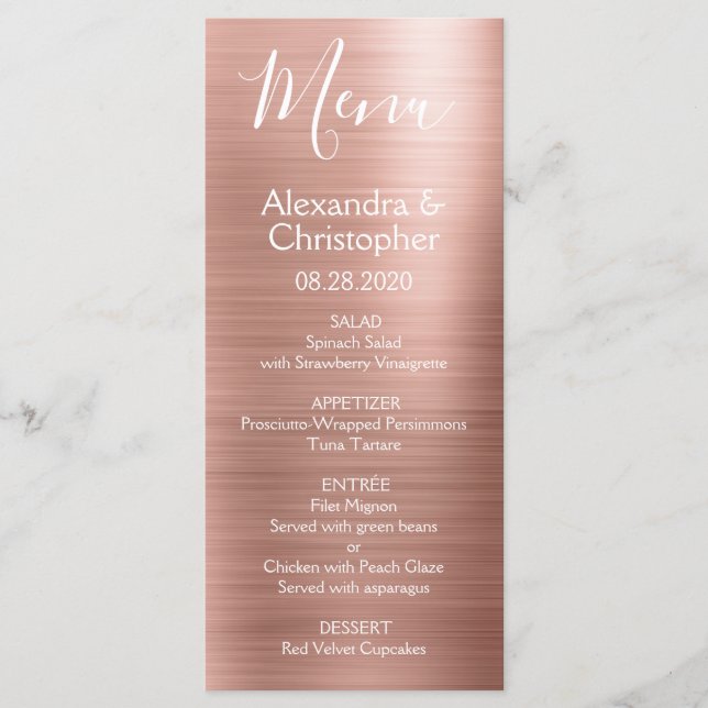 Pink Rose Gold Modern and Elegant Wedding Menu (Front)