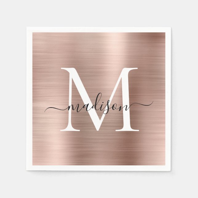Pink Rose Gold Monogram Girly Script Brushed Metal Napkin (Front)