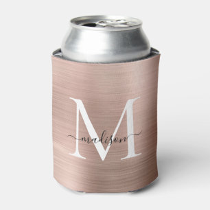 Pink Rose Gold Monogram Script Brushed Metal Steel Can Cooler