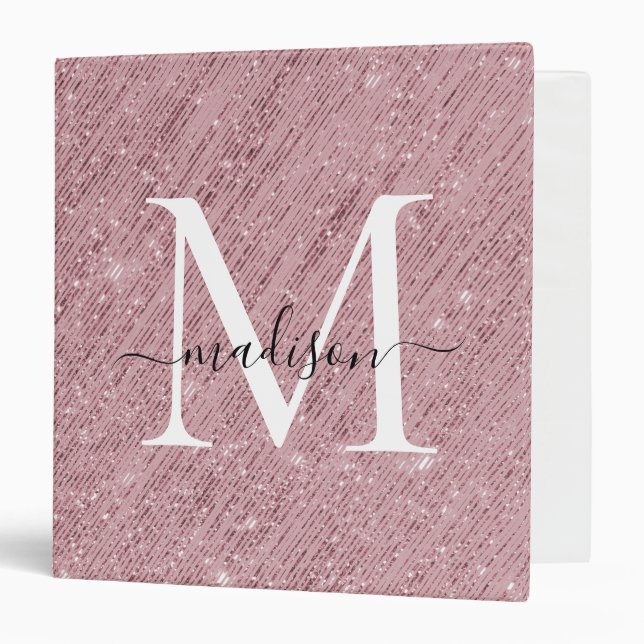 Pink Rose Gold Monogram Script Glam Glitter Tinsel Binder (Front/Inside)
