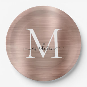 Pink Rose Gold Monogram Script Glam Metallic Steel Paper Plate