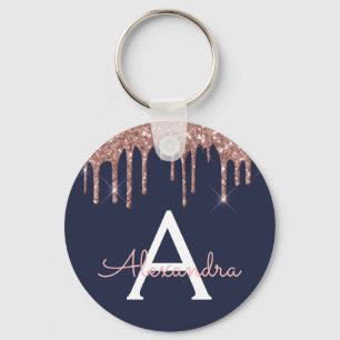 Pink Rose Gold Navy Blue Glitter Monogram Keychain
