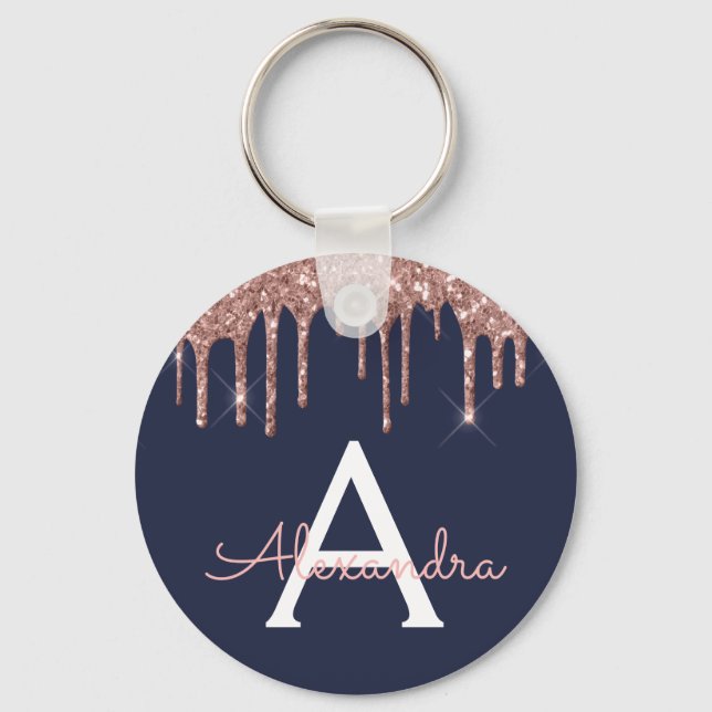 Pink Rose Gold Navy Blue Glitter Monogram Keychain (Front)
