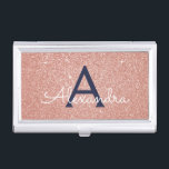 Pink Rose Gold Navy Blue Glitter Sparkle Monogram Business Card Holder<br><div class="desc">Blush Pink Rose Gold and Navy Blue Faux Glitter and Sparkle Elegant Monogram Business Card Holder. This Business Card Holder can be customized to include your initial and first name.</div>